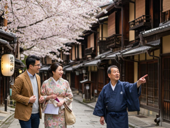 A candid moment of a couple walking with a private guide through Kyoto's historic Gion district during cherry blossom season. Traditional wooden buildings, soft pink petals falling, the guide pointing to something off-frame. A candid moment of a couple walking with a private guide through Kyoto's historic Gion district during cherry blossom season. Traditional wooden buildings, soft pink petals falling, the guide pointing to something off-frame.