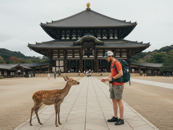 A traveler feeding a deer in front of Nara’s Todai-ji Temple, with the iconic Great Buddha Hall in the background A traveler feeding a deer in front of Nara’s Todai-ji Temple, with the iconic Great Buddha Hall in the background