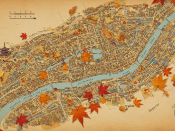 Traditional map of Kyoto with autumn leaves scattered across it Traditional map of Kyoto with autumn leaves scattered across it