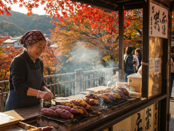 Street vendor selling roasted sweet potatoes with autumn backdrop