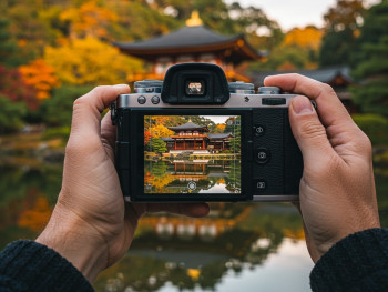 Photographer's hands holding camera with autumn temple reflection Photographer's hands holding camera with autumn temple reflection