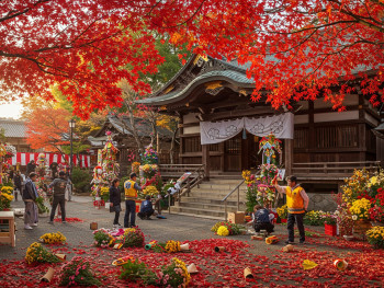 Local festival preparation with autumn decorations