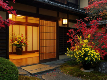 Traditional Kyoto house entrance with autumn welcome arrangement. Traditional Kyoto house entrance with autumn welcome arrangement.