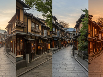 A time-lapse style photo showing the same Kyoto street at different times throughout the day. A time-lapse style photo showing the same Kyoto street at different times throughout the day.