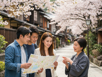 Couple checking a map with their host on a quiet Kyoto street