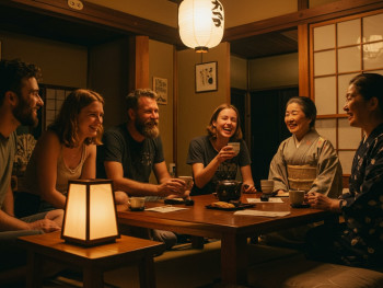 Happy travelers at the end of their day with their host Happy travelers at the end of their day with their host