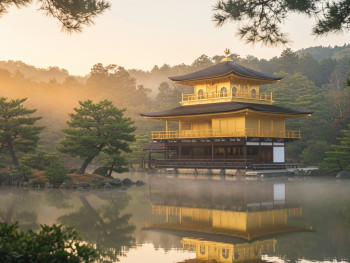 Early morning mist surrounding Kinkaku-ji with forest backdrop and golden hour lighting Early morning mist surrounding Kinkaku-ji with forest backdrop and golden hour lighting
