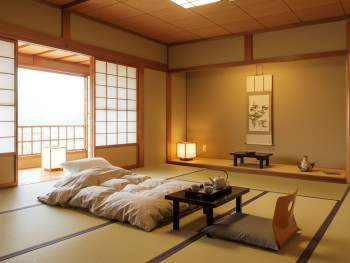 A traditional ryokan room with tatami mats, futon bedding, and sliding paper doors A traditional ryokan room with tatami mats, futon bedding, and sliding paper doors