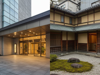 A comparison view showing modern hotel exteriors versus traditional ryokan entrances in central Kyoto A comparison view showing modern hotel exteriors versus traditional ryokan entrances in central Kyoto