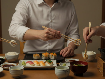 Proper chopstick etiquette demonstration showing correct hand position and table manners Proper chopstick etiquette demonstration showing correct hand position and table manners