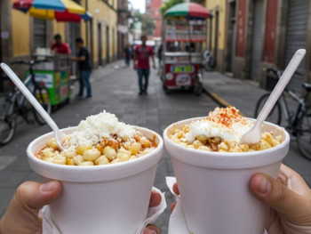 Traditional esquites in a cup topped with mayonnaise, cheese, lime and chilli pepper Traditional esquites in a cup topped with mayonnaise, cheese, lime and chilli pepper