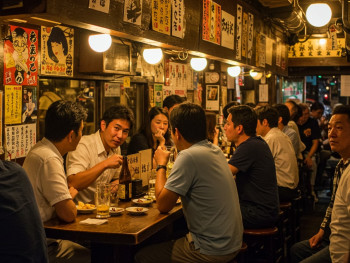 A tachinomi packed with locals enjoying after-work drinks and small plates. A tachinomi packed with locals enjoying after-work drinks and small plates.