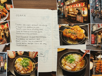 A handwritten note in a travel journal next to photos of various Osaka dishes and experiences. A handwritten note in a travel journal next to photos of various Osaka dishes and experiences.