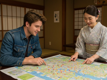 Guest and host reviewing a city map Guest and host reviewing a city map