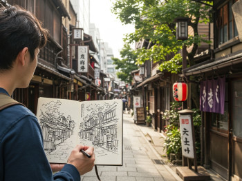 Traveler thoughtfully sketching scenes in their journal during a peaceful walk through Osaka's traditional backstreets Traveler thoughtfully sketching scenes in their journal during a peaceful walk through Osaka's traditional backstreets