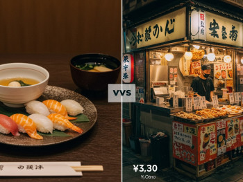 Price comparison showing expensive hotel menu versus affordable street food portions. Price comparison showing expensive hotel menu versus affordable street food portions.