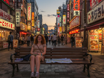 A tired but happy tourist sitting on a bench in Dotonbori at sunset, guidebook and map beside them, with the busy district continuing its evening activities in the background. A tired but happy tourist sitting on a bench in Dotonbori at sunset, guidebook and map beside them, with the busy district continuing its evening activities in the background.