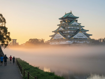 Early morning mist around Osaka Castle with joggers on the path Early morning mist around Osaka Castle with joggers on the path