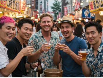 Group of friends sharing drinks at outdoor festival osaka Group of friends sharing drinks at outdoor festival osaka