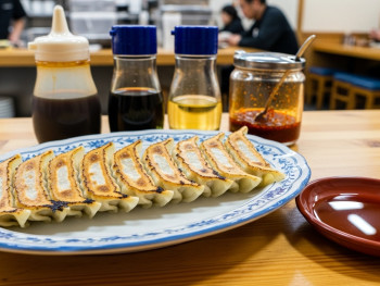 Plate of freshly cooked gyoza Plate of freshly cooked gyoza