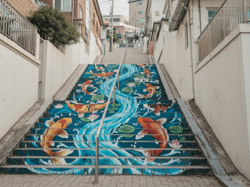 Stairway painted with bright murals in Ihwa Mural Village Stairway painted with bright murals in Ihwa Mural Village