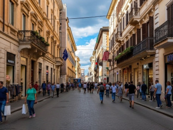 Shoppers strolling along Via del Corso lined with boutiques, international stores, and historic Roman buildings Shoppers strolling along Via del Corso lined with boutiques, international stores, and historic Roman buildings