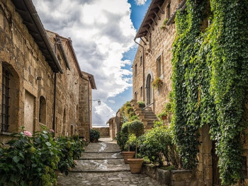 Cobblestone street in Trastevere with ivy-covered buildings Cobblestone street in Trastevere with ivy-covered buildings