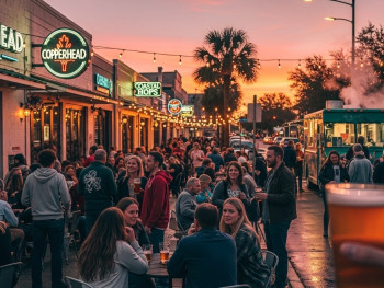 Outdoor beer festival with people at outdoor tables. Outdoor beer festival with people at outdoor tables.