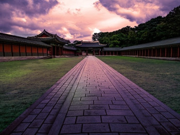 The moonlit Changdeokgung Palace with its traditional architecture illuminated under the night sky The moonlit Changdeokgung Palace with its traditional architecture illuminated under the night sky