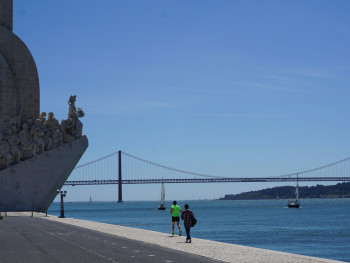 Tagus promenade with the Monument to the Discoveries and 25 de Abril Bridge