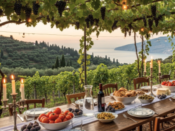 Long table set for dinner under vineyard vines at sunset Long table set for dinner under vineyard vines at sunset