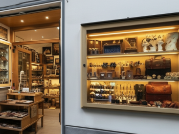 Shopfront with leather goods and local crafts on display