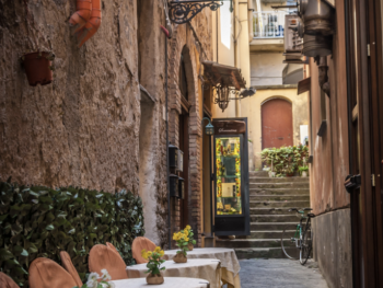 Narrow cobblestone lane with old doorways and stone steps Narrow cobblestone lane with old doorways and stone steps