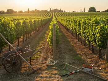 Vineyard rows at Villa Regina with farm tools display Vineyard rows at Villa Regina with farm tools display