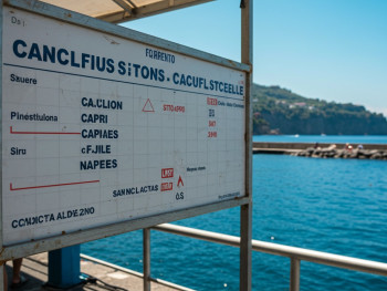 Ferry board at Marina Piccola showing cancellations and times Ferry board at Marina Piccola showing cancellations and times