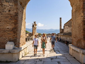 family exploring Pompeii on a beautiful sunny day family exploring Pompeii on a beautiful sunny day