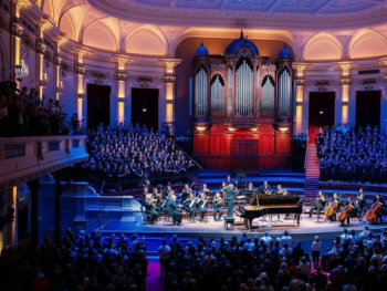 Royal Concertgebouw lit at night from a distance Royal Concertgebouw lit at night from a distance