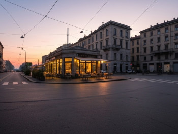 Morning light over Milan streets with a quiet café on the corner Morning light over Milan streets with a quiet café on the corner