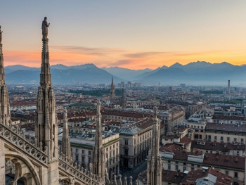 View from Milan Cathedral rooftop with Alps in the distance View from Milan Cathedral rooftop with Alps in the distance