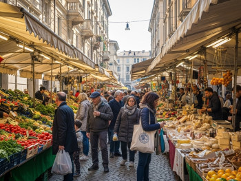 Bustling street market with stalls selling fresh produce and local goods Bustling street market with stalls selling fresh produce and local goods