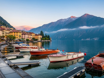 Quiet lakeside town with boats and mountains in the background Quiet lakeside town with boats and mountains in the background