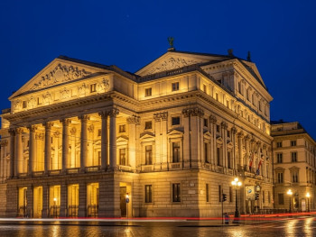 Teatro alla Scala exterior lit up at night in central Milan Teatro alla Scala exterior lit up at night in central Milan