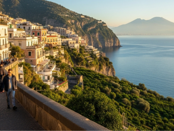 Golden morning over Sorrento’s cliffs as locals stroll the waterfront Golden morning over Sorrento’s cliffs as locals stroll the waterfront