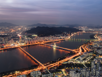 Aerial view of central Seoul with Han River dividing city