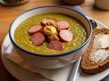 Thick Dutch pea soup served with rookworst and a slice of roggebrood Thick Dutch pea soup served with rookworst and a slice of roggebrood