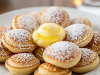 Mini poffertjes served hot with butter and powdered sugar Mini poffertjes served hot with butter and powdered sugar