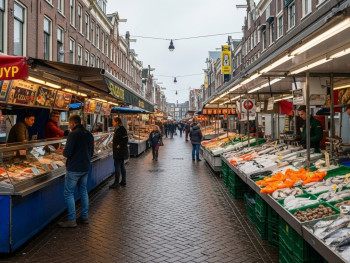 Vibrant street scene at Albert Cuyp Market in De Pijp with food stalls and fresh seafood Vibrant street scene at Albert Cuyp Market in De Pijp with food stalls and fresh seafood