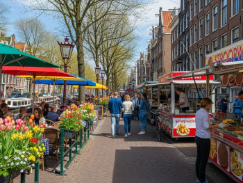 Vibrant café terraces and food stalls in Amsterdam during spring and summer Vibrant café terraces and food stalls in Amsterdam during spring and summer