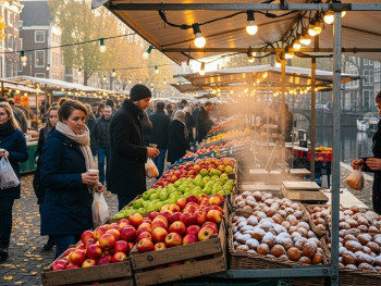 Autumn markets in Amsterdam with fresh apples and hot oliebollen pastries Autumn markets in Amsterdam with fresh apples and hot oliebollen pastries