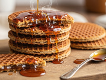 Freshly made stroopwafels with warm caramel syrup Freshly made stroopwafels with warm caramel syrup